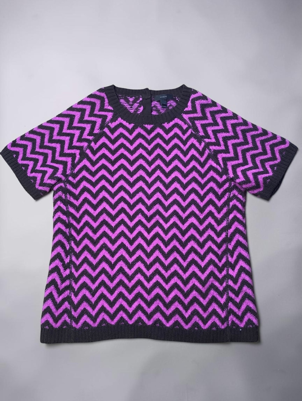 J.Crew Womens Sweater Medium M Purple Charcoal Chevron Zig Zag Merino Wool